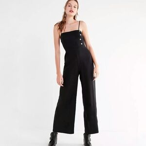 Black Straight-Neck Linen Button-Down Jumpsuit